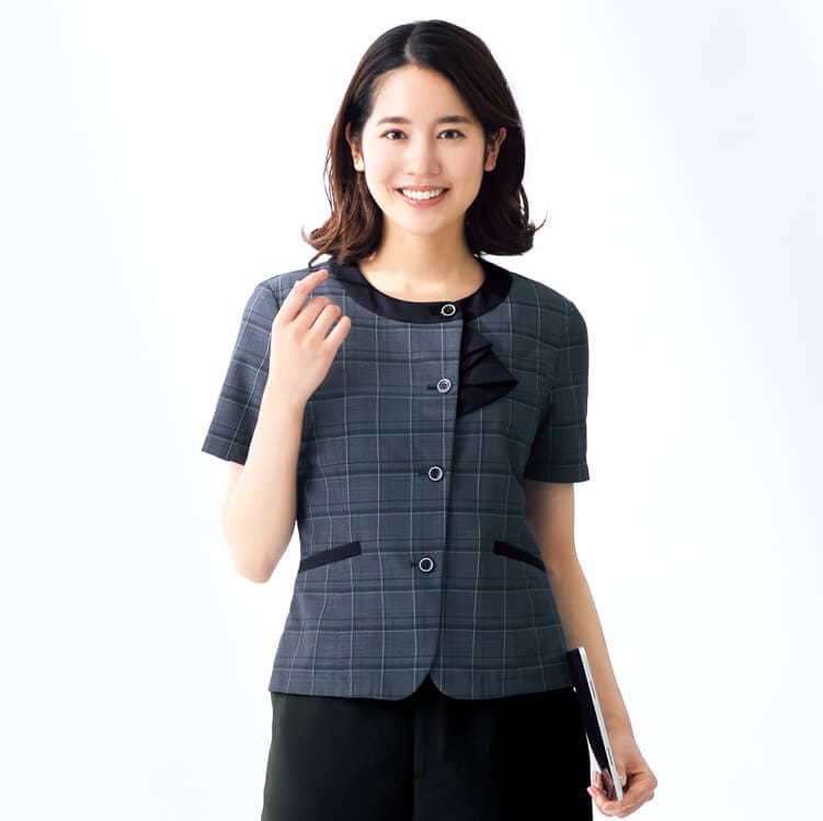 【事務服 オーバーブラウス半袖】 チェック柄・抗菌防臭・イージーケア・家庭洗濯可 5～17号 ネイビー チャコール 夏用/接客業制服