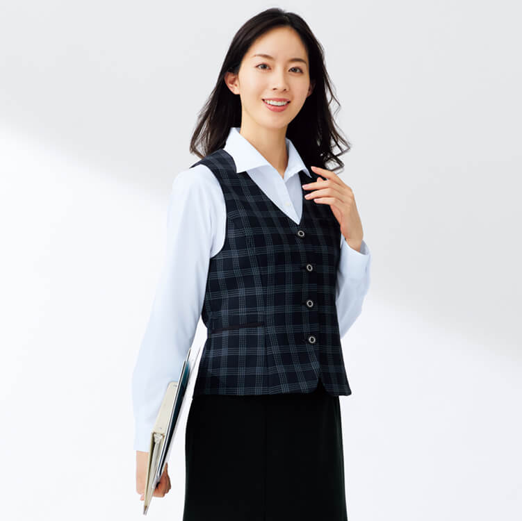 【事務服ベスト】チェック柄・抗菌防臭・イージーケア・家庭洗濯可 5～17号 サックス ピンク/会社制服