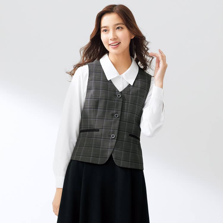 【事務服ベスト チェック柄】抗菌防臭・イージーケア・家庭洗濯可 5～17号  ネイビー  グレー色  受付制服/ オフィスユニフォーム