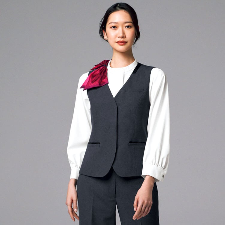 【事務服ベスト】2WAYストレッチ・吸汗速乾・ECO素材・ 5～15号  ブルー  チャコール・enjoyスカーフループ付き/オフィスユニフォーム