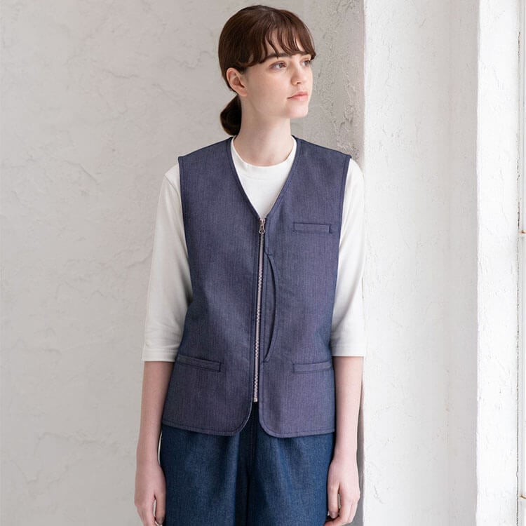 【飲食店ベスト】男女兼用 「麻調デニム」ストレッチ・制電  S～3L 3色  店舗制服 /接客業ユニフォーム