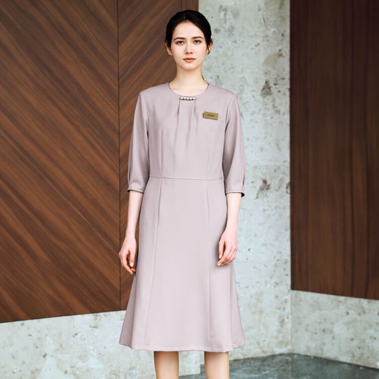 【事務服ワンピース】2WAYストレッチ・吸汗速乾・ECO素材 5～15号 ネイビー グレージュ  企業受付/ホテル制服
