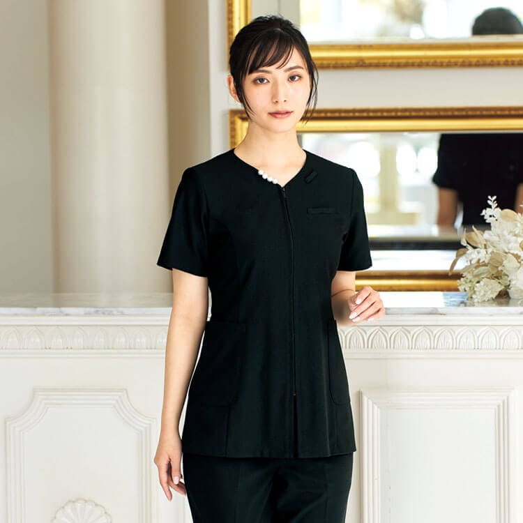 【エステユニフォーム チュニック】ニット素材「2WAYストレッチ」吸汗速乾  S～3L ブラック ベージュ /美容制服