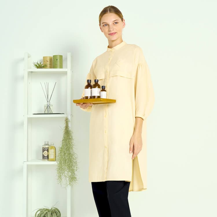 【飲食店制服 ロングシャツ】レディース・ストレッチ・制電制菌 M～L  3色 カフェ制服 / 店舗ユニフォーム