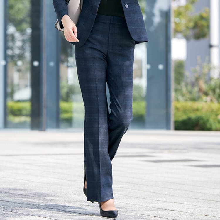 【事務服パンツ】チェック柄・ウエストゴム・ストレッチ  5～17号  ネイビー  チャコール  会社制服 / 事務職ズボン