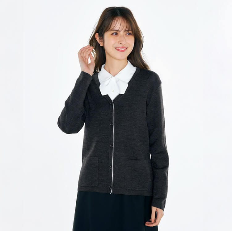 【事務服 カーディガン】 「毛玉防止」 抗ピル加工  4色 ウール混  手洗い可  S～３L / 会社制服