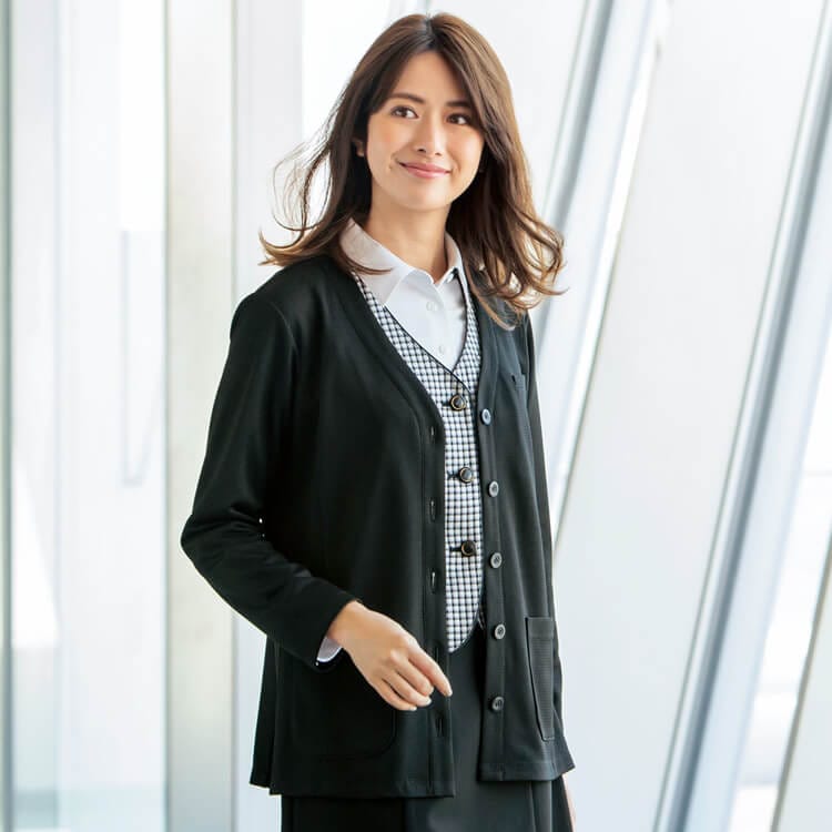 【事務服 カーディガンジャケット】防シワ「型くずれしにくいジャージ素材」家庭洗濯可 ブラック色  S～３L / 会社制服