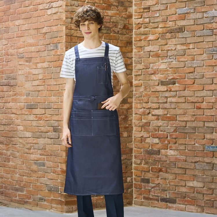 【飲食店ユニフォームエプロン】デニム素材・ストレッチ  ネイビー ブラック色 / 業務用制服  (CHIT8262)