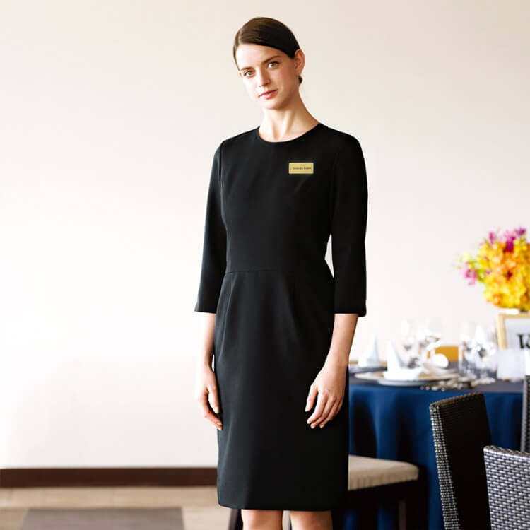 【エステ制服 ワンピース】「ストレッチ＆制電」 7～15号 ブラック色 受付/ 美容サロンユニフォーム