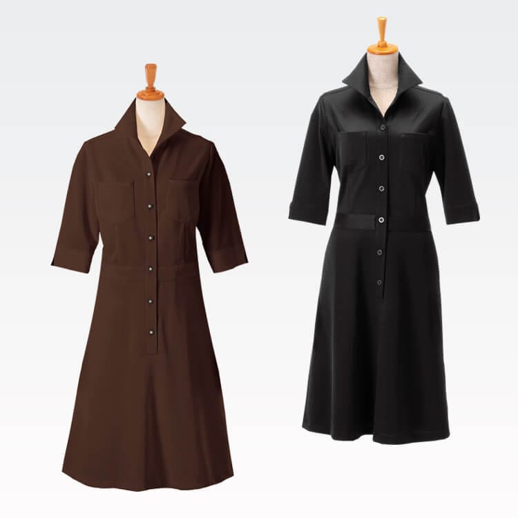 【エステユニフォーム ワンピース】ニット素材ストレッチ・防汚・吸汗速乾 7～15号 2色 医療受付制服/ネイルサロン