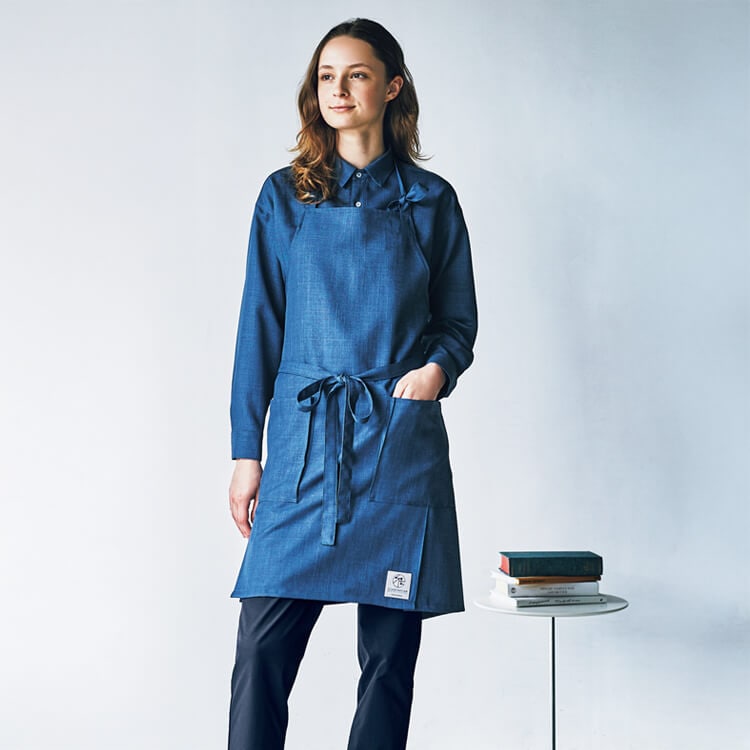 【飲食店 エプロン】 「ストレッチ＆吸汗速乾」フリーサイズ  グレー  ブルー / おしゃれ制服
