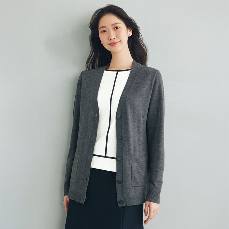 【ロングカーディガン 事務服】防寒着「静電気＆毛玉 防止素材」7～15号 4色 会社制服 / オフィスユニフォーム 