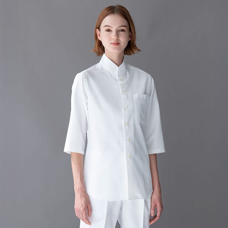 【飲食店ユニフォーム シャツ】男女兼用「防汚＆透け防止」UVカット SS～3L ホワイト ネイビー チャコール / 販売員向け制服