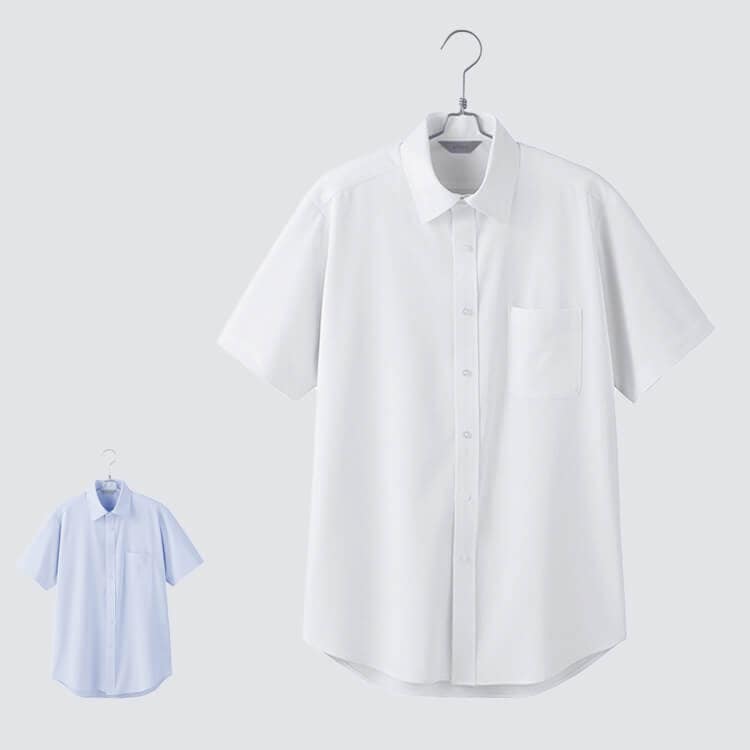 【業務用シャツ半袖 無地】 メンズ 「ストレッチ＆イージーケア」 防汚・吸汗速乾 S～5L 白シャツ サックス色 / 飲食店ユニフォーム (IIS634150)