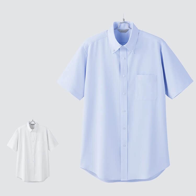 【業務用シャツ半袖 無地】メンズ・ボタンダウン「ストレッチ＆イージーケア」防汚・吸汗速乾 S～5L 白シャツ サックス色 / 飲食店ユニフォーム (IIS634160)