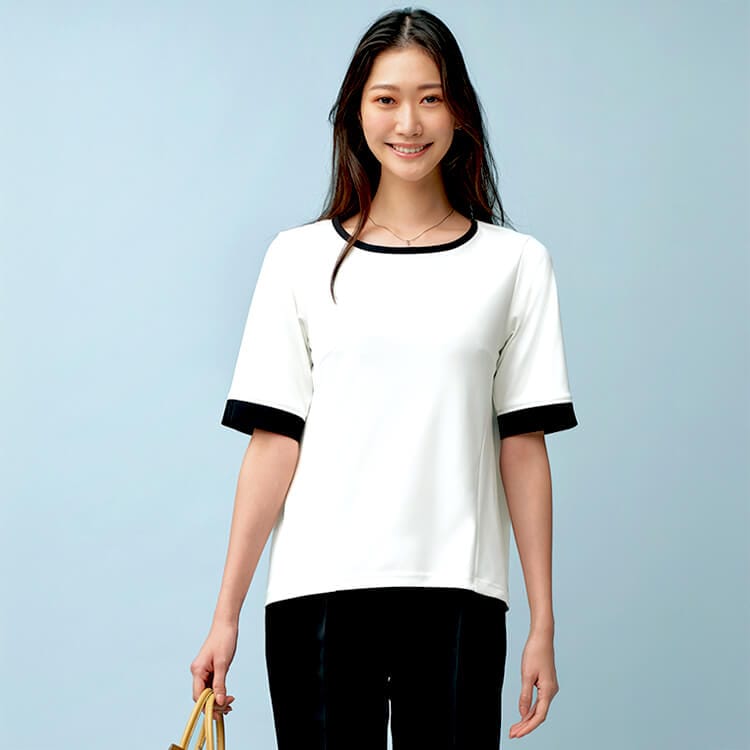 【カットソー事務服 半袖】オールシーズン「透け防止＆ストレッチ」吸汗速乾  5～19号 ブラック ホワイト 接客業制作 / オフィスユニフォーム