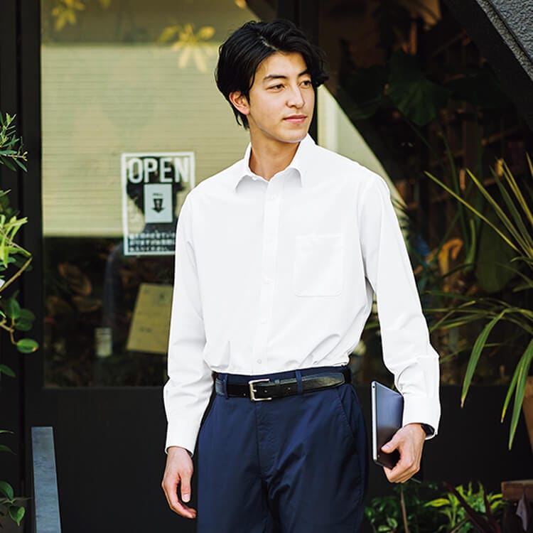 【メンズシャツ　無地】防汚「快適ストレッチ＆ノーアイロン」吸汗速乾 S～5L 白シャツ サックス色 / 接客業ワイシャツ