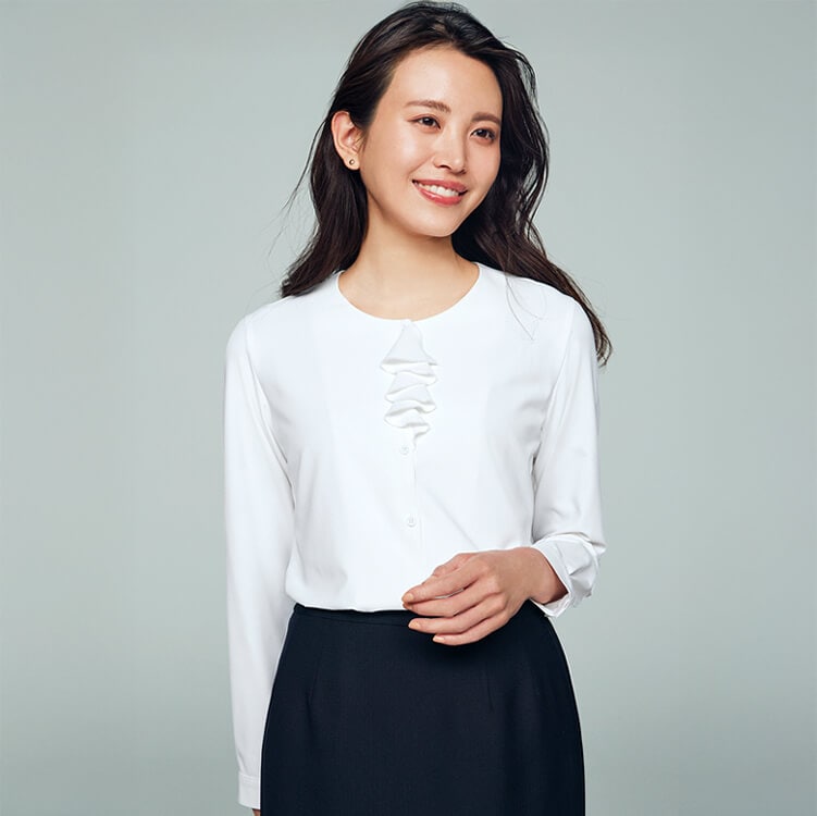 【事務服カットソー フリル】吸汗速乾「縦横ストレッチ＆透け防止」5～19号 5色 企業受付制服 / オフィスユニフォーム