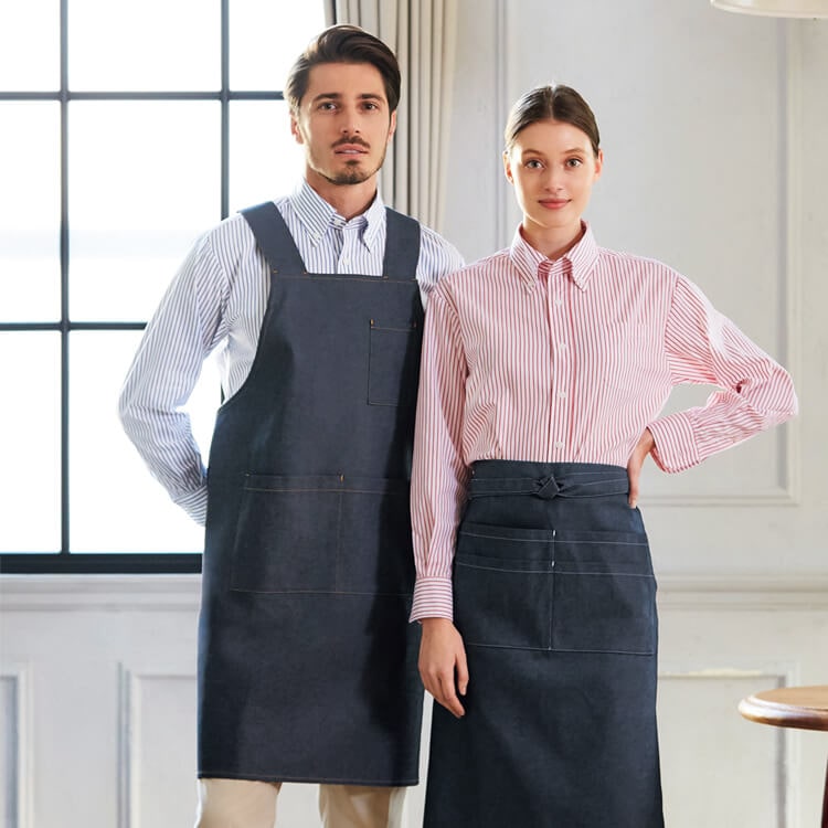 【飲食店エプロン】デニム素材「肩ひも幅広め」ストレッチ M～L ネイビー色  ショップ店員制服/スタッフユニフォーム (CHIT8542)