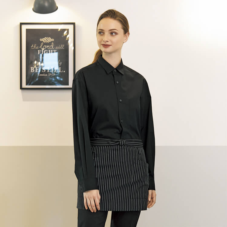 【ショートエプロン】ストライプ柄  ブラック色  飲食接客制服 / レストランユニフォーム