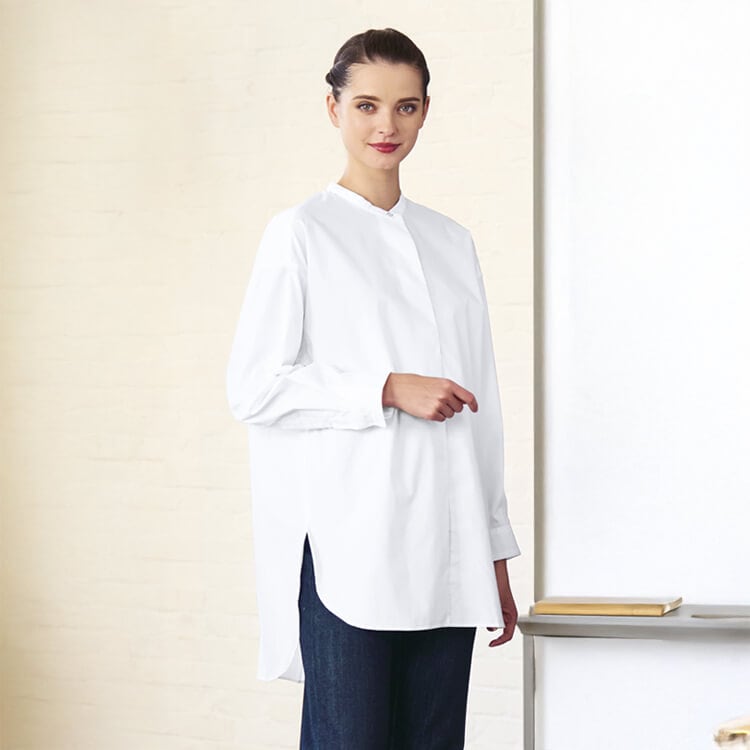 【シャツユニフォーム レディース】ストレッチ「ビックシャツ」家庭洗濯可 M～L ホワイト ブラック色 / 飲食店制服