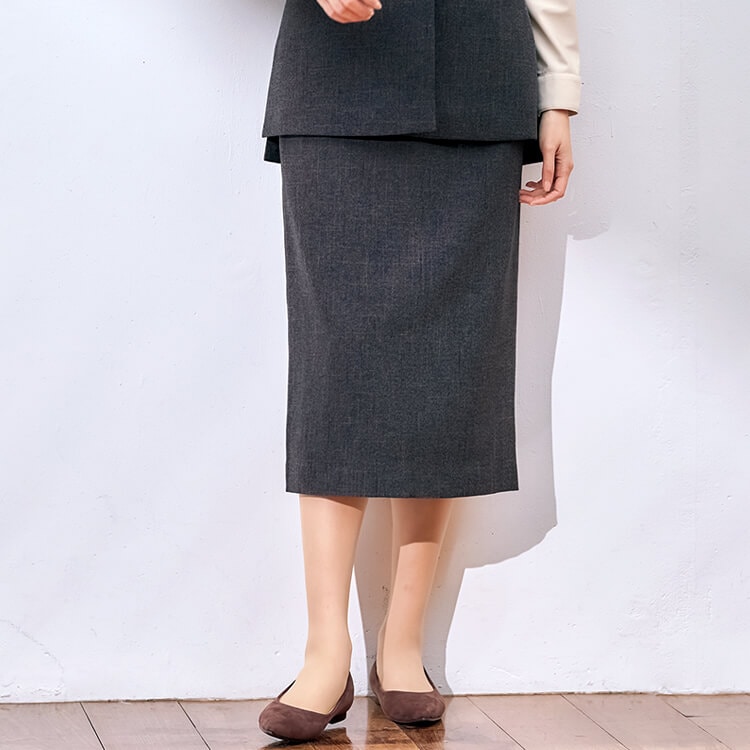 【ロングスカート事務服】ストレッチ「ウエストゴム」 74cm丈（9号） 5～17号 グレー  ブラウン色/オフィスユニフォーム