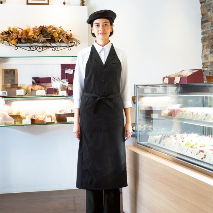 【ベスト型ロングエプロン】飲食店ユニフォーム・家庭洗濯可  フリー ブラック色  / パティシエ制服 