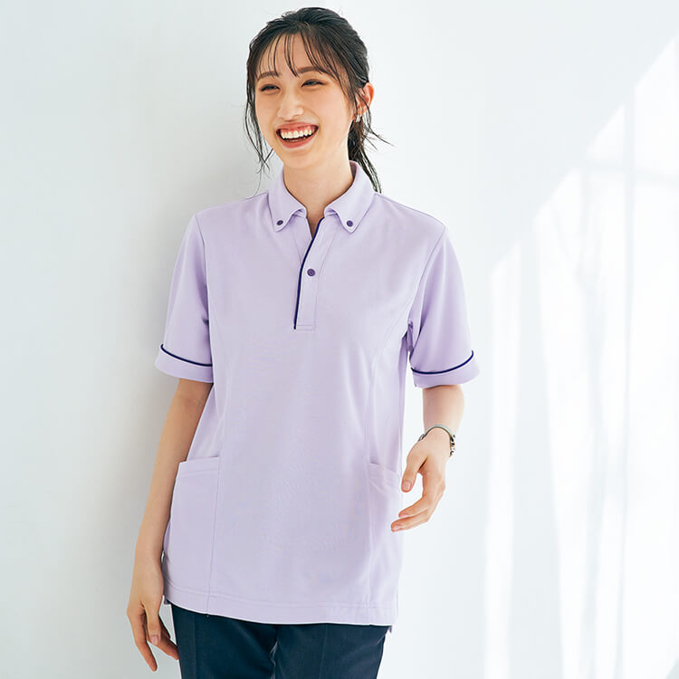 【介護ポロシャツ ロング丈】男女兼用「ストレッチ＆吸汗速乾」制電・透け防止・UVカット SS～5L 5色 / 介護職員ユニフォーム