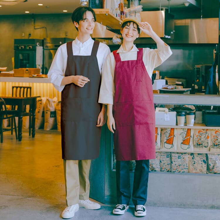 【業務用エプロン】肩ひも幅広め「天然繊維染素材」SDGs・ 制菌制電  M～L 6色 / 飲食店ユニフォーム