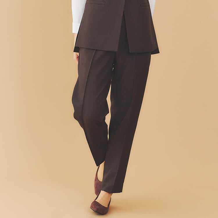 【オフィスカジュアルパンツスーツ】事務服・ストレッチ「最大10cm伸びる！ウエストゴム」67cm丈（9号） 5～17号 グレー  ブラウン色 / 事務服