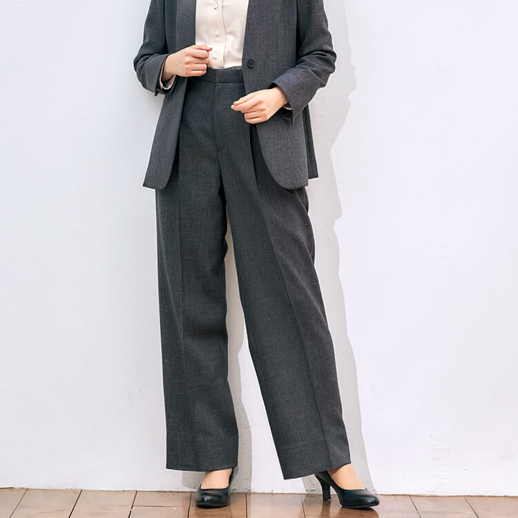 【セミワイドパンツ】オフィスカジュアル「シャークツイード上質素材」ストレッチ・71cm丈（9号） 5～17号 グレー  ブラウン色 / 接客業制服ズボン