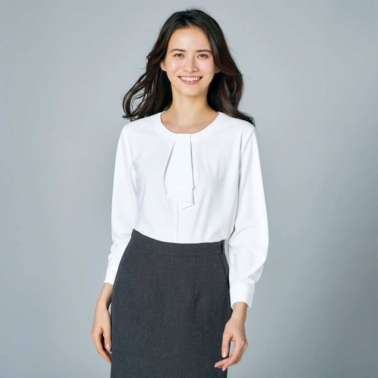 【事務服 プルオーバー長袖】ストレッチ「腕がらくらく上がる！」 吸汗速乾・家庭洗濯可 S～3L 3色  企業受付制服/オフィスユニフォーム