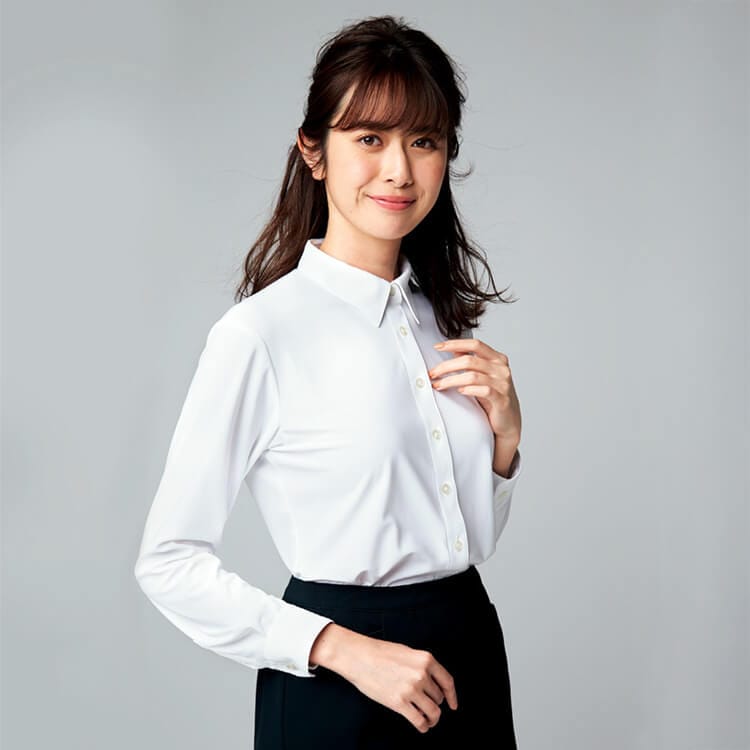 【事務服ブラウス長袖】ニット素材「紫外線遮蔽率90%以上」ストレッチ・吸汗速乾・透け防止・UVカット 5～17号 4色 / 会社制服