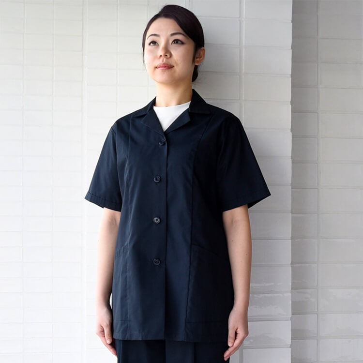 【スモック半袖作業服】夏向き「涼しい ブロード素材」 7～19号  ネイビー ホワイト  レディース作業着/事務服ユニフォーム