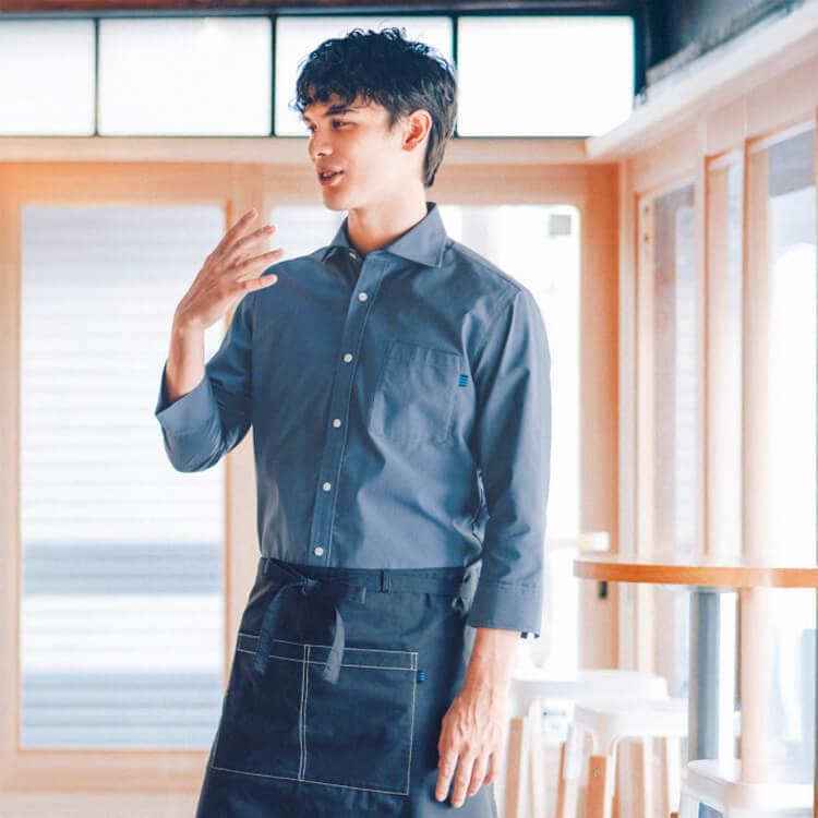 【ワイドカラーシャツ 男女兼用】七分袖 「デニム調」 吸汗速乾・ストレッチ SS～4L ブルー / 飲食店ユニフォーム