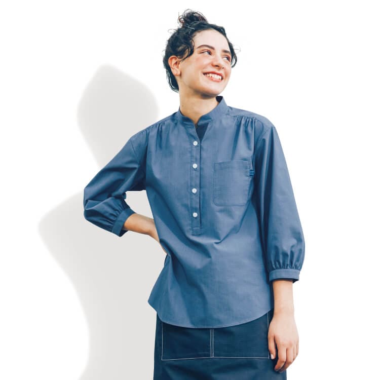 【スタンドカラーシャツ レディース】七分袖「ストレッチ デニム調」 吸汗速乾 7～17号 ブルー / ショップ店員ユニフォーム