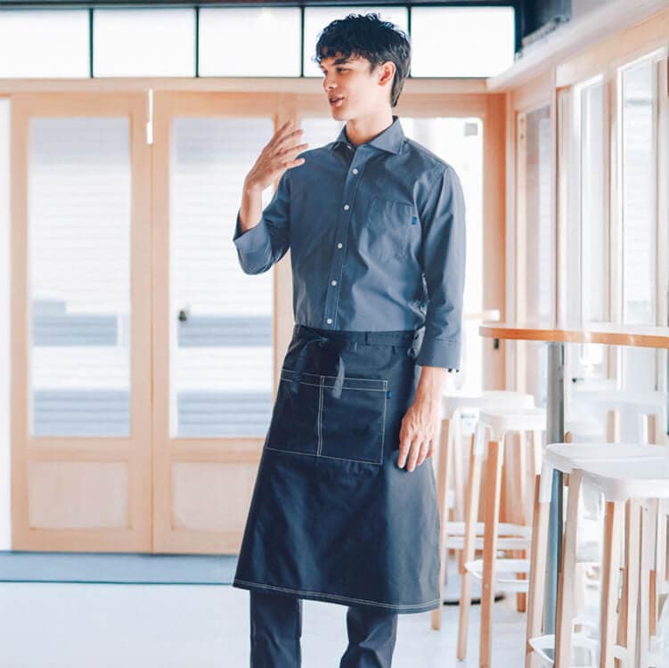 【腰下エプロン】飲食店制服「デニム調素材」ストレッチ・吸汗速乾  丈65cm  フリーサイズ  ネイビー / 業務用ユニフォーム