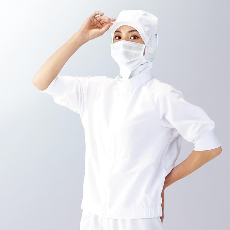 【食品工場 作業着半袖】男女兼用「高温作業環境向き 涼しい薄手素材」吸汗速乾・制電 S～4L  半袖ブルゾン / 食品工場ユニフォーム