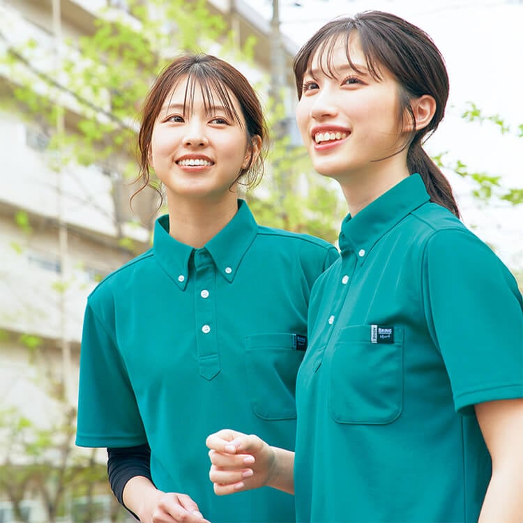 【介護ポロシャツ】男女兼用・ボタンダウン「ECO 資源循環素材」吸汗速乾  6色 / 介護職員ユニフォーム