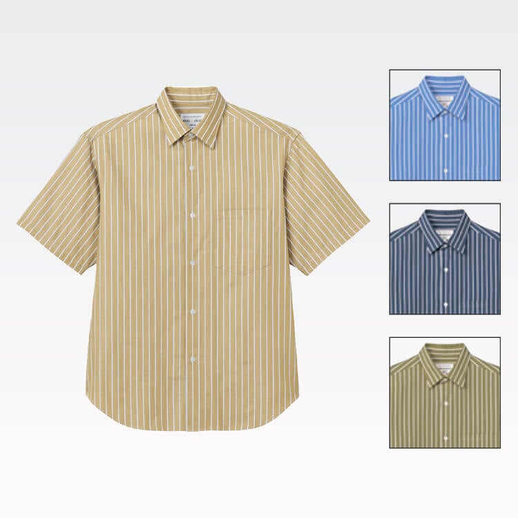 【業務用シャツ 半袖】男女兼用・ストライプ柄 「ゆったりサイズ」SS～4L 4色  販売員制服 / 接客ユニフォーム (CHIEP9008)