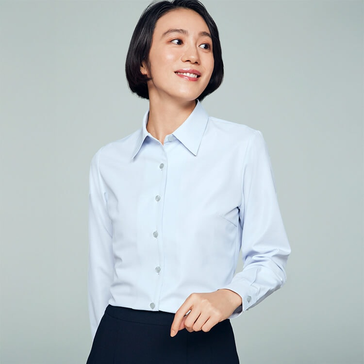 【事務服ブラウス長袖】透け防止・ホームクリーニング可  5～19号 4色 / オフィスユニフォーム