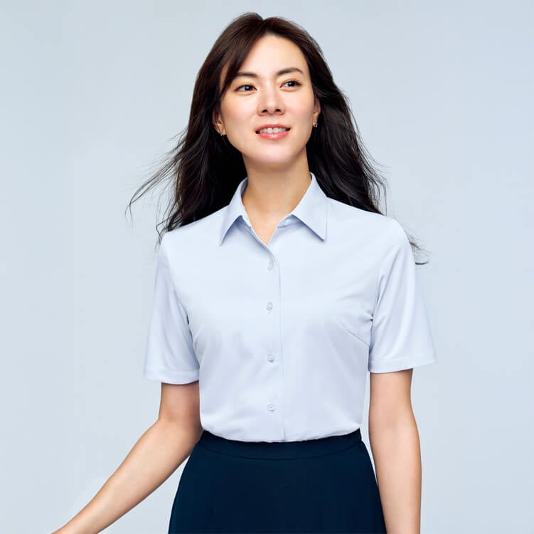 【事務服ブラウス 半袖】通気性が高い「涼しい ニット素材」ストレッチ・吸汗速乾・UVカット・家庭洗濯可 5～19号 4色  オフィス制服 / レディースシャツ