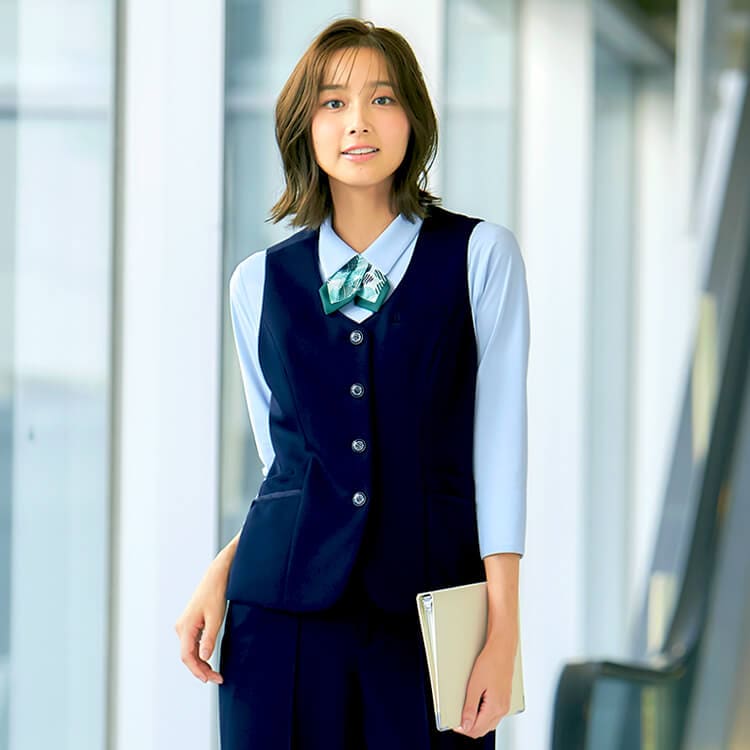 【事務服ベスト】高通気素材「ホームウォッシャブル」ニットストレッチ・防シワ・吸汗速乾・抗菌防臭 5～17号  二色 / オフィスユニフォーム