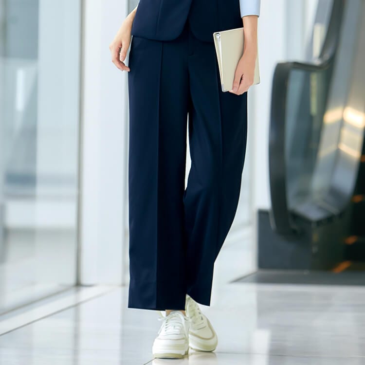 【ワイドパンツ事務服】高通気素材「ストレッチ＆ウエストゴム」吸汗速乾・抗菌防臭・しわ防止 5～17号  二色/オフィス制服 (CHSAR5613)