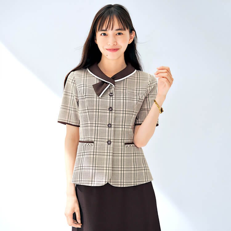 【事務服オーバーブラウス】横長ポケット「トラッドチェック柄」ECO素材・家庭洗濯可 5～17号  二色 /オフィスユニフォーム