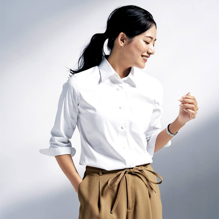 【飲食店シャツ七分袖 レディース】吸汗速乾「汗染み防止素材」ストレッチ・透け防止・UVカット 5～17号 3色 / 業務ブラウス女性用