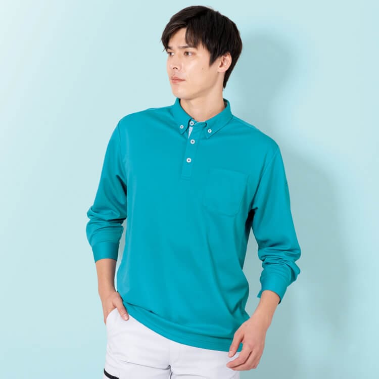 【作業着ポロシャツ 長袖】高通気素材「ボタンダウン仕様」吸汗速乾・消臭テープ付・ニットストレッチ SS～5L 9色 / スタッフユニフォーム (GIB6185)