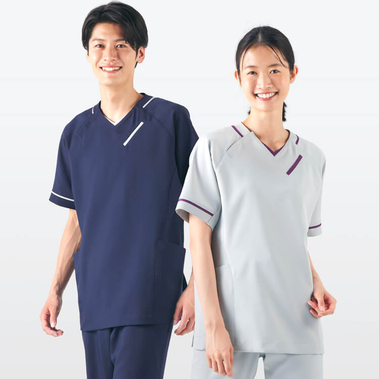 【スクラブ白衣 男女兼用】ストレッチ「スポーティーデザイン」パイピング・SEK制菌・制電 S～3L 5色 / ナースウェア
