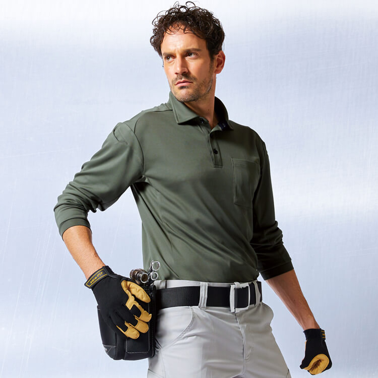 【作業着ポロシャツ長袖 男女兼用】接触冷感・SDGs「再生ポリエステル100%使用」吸汗速乾・UVカット SS～8L 6色 / スタッフユニフォーム (SAEGK10181)