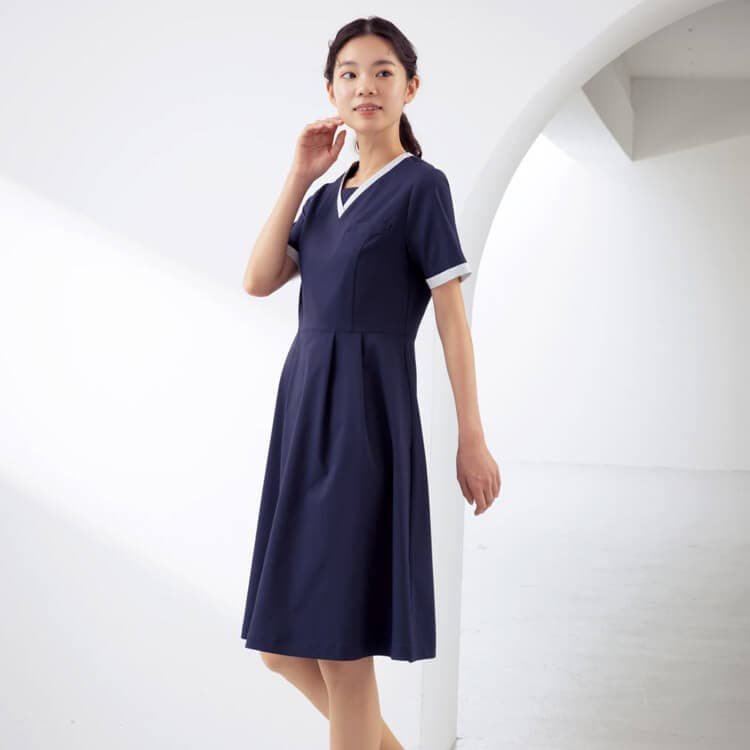 【エステ制服 ワンピース半袖】ストレッチ「透け防止」SEK制菌・工業洗濯可・制電・防汚 S～4L / ニ色 